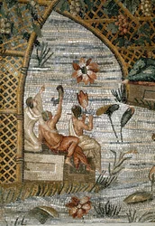 Romeinse kunst: detail van het Nilotische Mozaïek (Nijl) van Preneste (Palestrina) uit het Heiligdom van de Godheid van Fortuna Primigenia. 80 v.Chr.