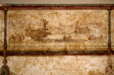 Romeinse kunst: „Maritieme scène met biremen en triremen”. Fresco, omstreeks 25-19 v.Chr. Afmetingen: 73 cm. Rome, Museo Nazionale Romano (of Thermenmuseum)