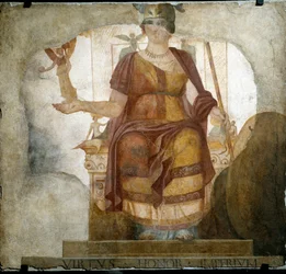 Romeinse kunst: ‘De zittende godin Venus als personificatie van Rome, de Barberini-godin genoemd’. Fresco uit de 4e eeuw na Chr. Uit het baptisterium van Sint-Jan van Lateranen (San Giovanni in Laterano) in Rome. Rome, Museo Nazionale Romano (of delle