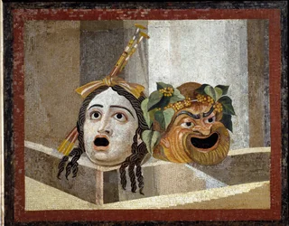 Romeinse theatermaskers - Romeins mozaïek, 2e eeuw n.Chr., uit de Thermen van Decius op de Aventijn, Rome, Italië - Romeinse kunst: maskers van het Romeinse theater. Mozaïek uit de 2e eeuw n.Chr. - uit de Thermen van Decius op de Aventijn, Rome