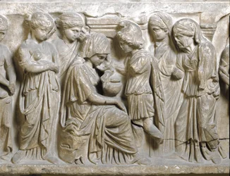 Romeinse oudheid: "Het verdriet van de verliefde en door Hippolytus afgewezen Phaedra". Laagrelief van de sarcofaag die "Phaedra en Hippolytus" wordt genoemd. 3e eeuw n.Chr. Palermo, Museo Archeologico Nazionale