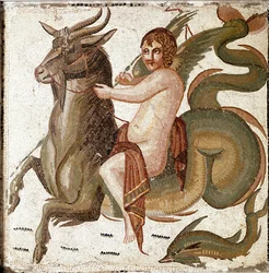 Romeinse kunst: Cupido rijdt op een zeedier Mozaïek uit een villa van de familie van keizer Septimius Severus. Eind 2e eeuw n.Chr. Rome, Museo Nazionale Romano