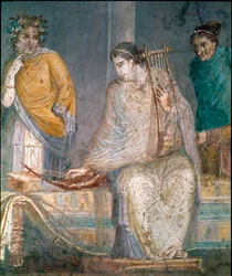 Romeinse kunst: een citharist. Fresco van de site van Castellammare di Stabia nabij Napels. 1e eeuw n.Chr. (fresco)