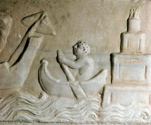 Romeinse kunst: een zeeman die een schip in de haven van Ostia leidt