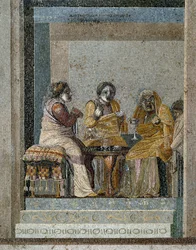 Romeinse kunst: een heks en de bereiding van een magische drank. Mozaïek naar het origineel van Dioscorides van Samos (2e eeuw v.Chr.) in het huis van Cicero in Pompeii.