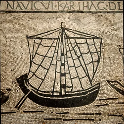 Romeinse kunst: vrachtschip. Mozaïek van de 3e eeuw n.Chr. Ostia, Piazzale delle Corporazioni. Italië - Romeinse kunst: een schip geladen met goederen. Vloermozaïek. 3e eeuw v.Chr. Piazzale delle Corporazioni, Ostia, Italië