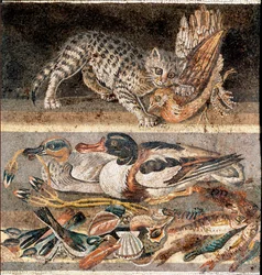 Romeinse kunst: kat die een patrijs eet en wilde eenden, eerste helft van de 1e eeuw v.Chr., Rome, Museo Nazionale Romano