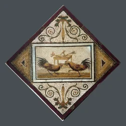 Romeinse kunst: hanengevecht. Mozaïek uit Pompeii. Museo Archeologico Nazionale, Napels