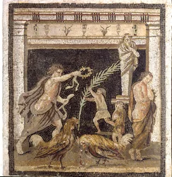 Romeinse kunst: hanengevecht in een palaestra in aanwezigheid van de personificaties van Nederlaag en Overwinning. Mozaïek uit de Villa van het Labyrint in Pompeï. 2e stijl. Afmetingen: 46x42 cm. Nationaal Archeologisch Museum, Napels