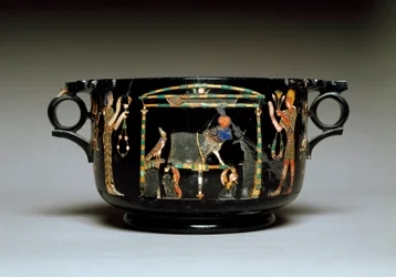 Romeinse kunst: beker met Egyptische motieven. Uit Castellammare di Stabia. 1e eeuw n.Chr. Afmetingen: 12 cm. Museo Archeologico Nazionale, Napels
