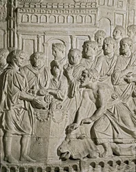 Romeinse kunst: laag reliëf dat Sarmatische burgers toont die eerbetoon brengen aan de Romeinen. Van de reliëfs van de zuil van Marcus Aurelius. 2e eeuw n.Chr. Rome, Museo della Civiltà Romana