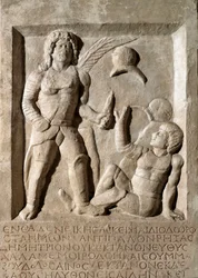 Romeinse kunst: laag reliëf dat een gladiatorengevecht voorstelt. 2e eeuw na Christus. Rome, Museo della Civilta Romana