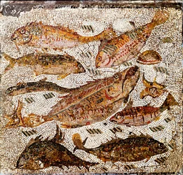 Romeinse kunst: mozaïek met vissen. 1e of 2e eeuw n.Chr. Uit de Villa dei Settimii aan de Via Cassia. Rome, Museo Nazionale Romano