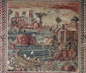 Romeinse kunst: Nijl landschap mozaïek van een villa op de Aventijn heuvel, Rome 1e-2e eeuw