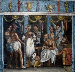 Romeinse kunst: voorbereidingen voor een satirisch drama. Mozaïek. 70 n.Chr. Uit Pompei, casa del poeta tragico