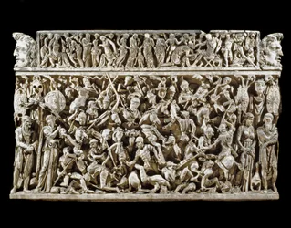 Romeinse kunst: gevechtsscène tussen Romeinse krijgers en barbaren tijdens de Marcomannenoorlogen. Reliëf van de zogenaamde Portonaccio-sarcofaag van een generaal van Marcus Aurelius. 180-190. Rome, Museo Nazionale Romano (of delle Terme)