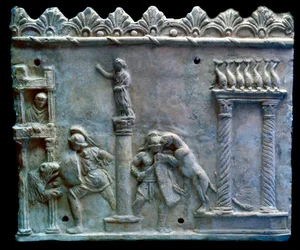 Romeinse kunst: scène van gevecht van gladiatoren tegen beesten of venatio. 1e eeuw v.Chr. Genève, Museum voor Kunst en Geschiedenis
