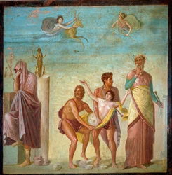 Romeinse kunst: „Het offer van Iphigenia” Fresco uit het Huis van de Tragische Dichter in Pompeï. 1e eeuw n.Chr. Napels, Nationaal Archeologisch Museum