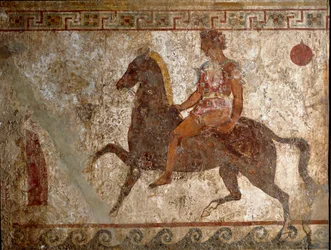 Samnitische ruiter. Grafschildering uit de 4e eeuw v.Chr., afkomstig van de vindplaats Paestum, Italië. Fresco. Museo nazionale archeologico, Napels (Nationaal Archeologisch Museum van Napels).