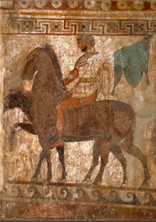 Samnitische ruiter. Grafschildering uit de 4e eeuw v.Chr., afkomstig van de vindplaats Paestum, Italië. Fresco. Nationaal Archeologisch Museum, Napels