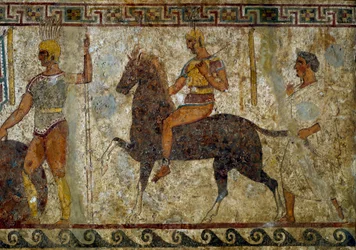 Samnitische krijgers en ruiter. Grafschildering uit de 4e eeuw v.Chr., afkomstig van de vindplaats Paestum, Italië. Fresco. Afmetingen: 112 x 199 cm. Inv. 9363. Museo nazionale archeologico, Napels (Nationaal Archeologisch Museum van Napels).
