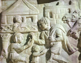 Scène van hertenjacht met netten, romeinse Scarcofaag, 4e eeuw (reliëf)