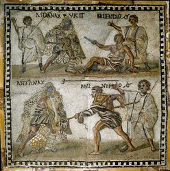 Scène van gladiatorengevechten, tussen een retiarius en een secutor, 4e eeuw (mozaïek)