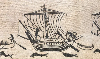 Schip dat een haven nadert, detail van een mozaïek, 2e eeuw na Christus