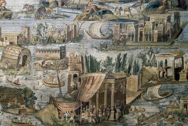 Tempels langs de Nijl, detail van Nilotische mozaïek van overstroming van de Nijl in Egypte, uit het heiligdom van Fortuna Primigenia in Palestrina, Lazio, Italië, Romeinse beschaving