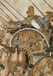 De Slag bij Issos, gewonnen door Alexander III de Grote tegen Darius (Darius) III Codomannus (335 - 331 v.Chr.). Mozaïek uit Pompeï. Detail. Museo Archeologico Nazionale, Napels. (Uit Pompeï, Huis van de Faun)