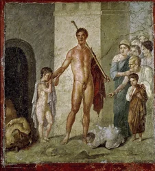Theseus bevrijdt kinderen van de Minotaurus, uit het Huis van Gavius Rufus, Pompeï, vierde Pompeiaanse stijl, ca. 50-79 na Chr.