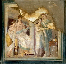 Toiletscène en kleding van een dame: Slaven stylen een meisje. Uit Ercolano (fresco)