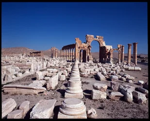 Uitzicht op de grote colonnade en de monumentale boog
