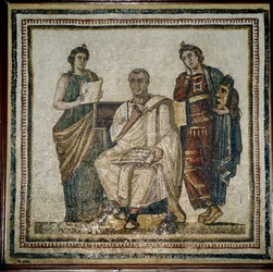 Virgil (Virgilio) en twee muzen (Clio en Melpomene) - begin 3e eeuw