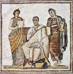 Vergilius schrijft de Eneide onder het oog van de muzen Clio en Melpomene - mozaïek uit de 4e eeuw na Christus uit Susa in Tunesië
