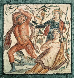 Lycurgus valt de nimf Ambrosia aan, mozaïek uit Herculaneum (50-79 n.Chr.)