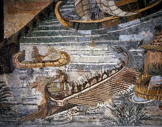Een Romeinse bireem (soort galei met twee rijen). Detail van een mozaïek in Palestrina.