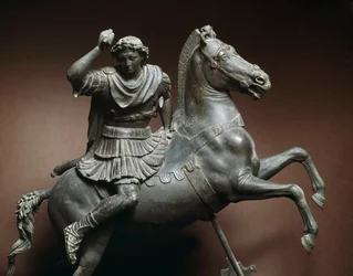 Alexander de Grote (356-323 v.Chr.) te paard. Het paard zou Bucephale zijn. Bronzen sculptuur naar een origineel van Lysippe van Sicyone (395-305 v.Chr.) Napels, Nationaal Archeologisch Museum