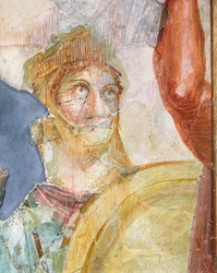 (Detail) fresco van het huwelijk van Alexander (Ares) en Stateira (Aphrodite), fresco in Regio 6 West Eiland 39, Pompeii (UNESCO Werelderfgoedlijst)