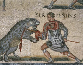 Detail van een mozaïek van een gladiatorengevecht, oorspronkelijk uit Torre Nuova