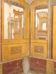 Detail van fresco muur in faux architectuur, Huis van Vettii, Pompeii, Campania, Romeinse Beschaving