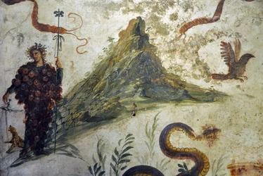 Dionysus, gekleed in druiventrossen, staand voor de Vesuvius - Fresco uit Pompeï, Casa del Centenario (Huis van het Eeuwfeest) - Napels, Nationaal Archeologisch Museum