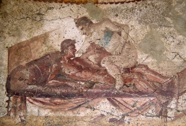 Erotische fresco uit het Lupanar, Pompeii (Werelderfgoedlijst van UNESCO)
