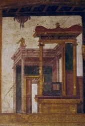 Fantastische architecturen, fresco uit oecus in Huis van Vettii, Pompeii (UNESCO Werelderfgoedlijst)