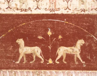 Fresco decoratie van Hal van Tablino, Huis van Marcus Lucretius Fronto, Pompeii, Campania, Romeinse beschaving