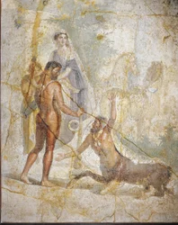 Fresco toont Hercules, Deianira en Hyllus die de rivier Evenus oversteken uit Pompeii, Italië