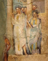 Fresco die Iphigenia in Tauris afbeeldt, Detail van dienstmeisjes, uit het Huis van L. Caecilius Giocondus in Pompeii, Italië