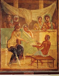 Fresco met A.D.metus en Alcestis die het orakel raadplegen, uit het Huis van de Tragische Dichter, Pompeii, Italië