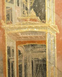 Fresco met architectonische decoratie, Huis van Loreio Tiburtino, Pompeii, Campania, Romeinse beschaving