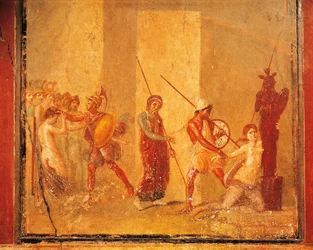 Fresco toont ontmoeting tussen Priamus, Menelaus en Helena in het Koninklijk Paleis, Pompeii, Campania, Romeinse beschaving